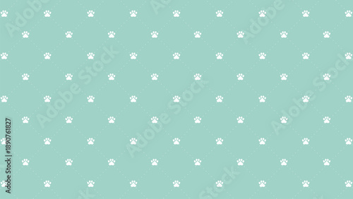Mint green seamless background with white paw prints and decorative dotted grid. Elegant pet-themed vector