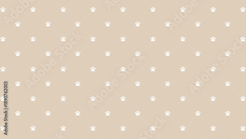 Seamless pattern of cute white paw prints on a beige background with elegant dotted diamond grid lines