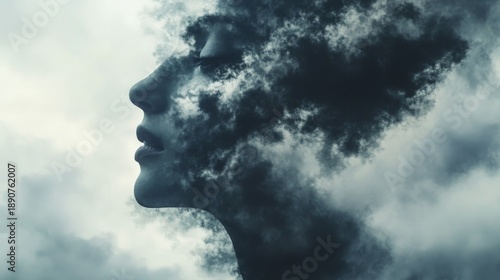 A double exposure image of a woman's face with clouds, symbolizing mystery, dreams, or spirituality.