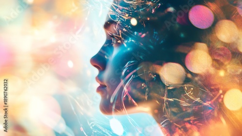 A double exposure image of a woman's profile with colorful lights and bokeh in the background.