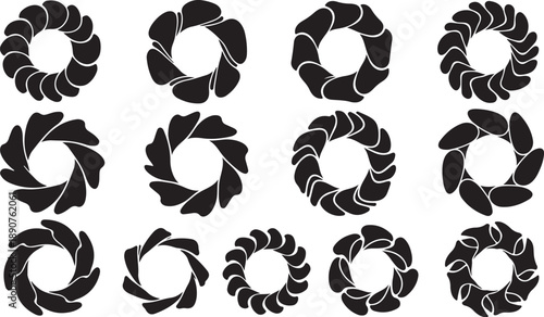 Black and white spiral shapes on a clean background