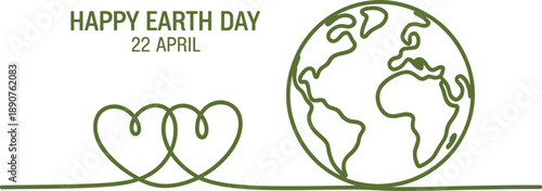 Happy Earth Day continuous line illustration with globe and heart shapes in green minimalist style isolated on white background for environmental awareness design projects