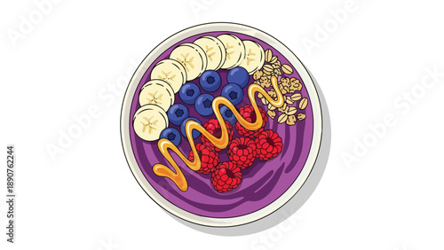 A vibrant smoothie bowl features fresh banana, blueberries, raspberries, granola, and a sweet drizzle. This wholesome meal promotes healthy eating