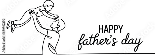Happy Father’s Day continuous line illustration of loving dad lifting child with minimal outline style isolated on white background for greeting card design