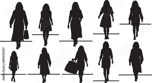 Silhouettes of women walking in various poses and outfits