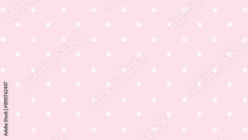 Minimalist white paw print seamless background on sweet pastel pink with geometric dotted diamond pattern
