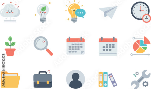 Vibrant collection of essential business and productivity icons, featuring ideas, management, and technology concepts for various digital applications