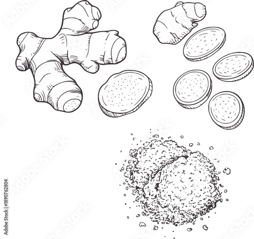 Black and of whole sliced and powdered ginger root spice