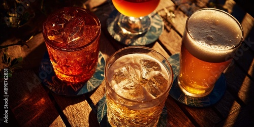 Minimalist overhead view of three cocktail glasses and one beer on wooden table with deep blue coasters, illuminated by warm low indoor night light creating cozy elegant bar atmosphere.