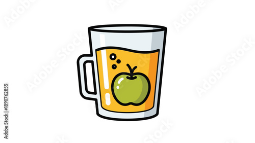 Vibrant cartoon illustration of a fresh green apple floating inside a refreshing glass of golden juice with delightful effervescent bubbles a