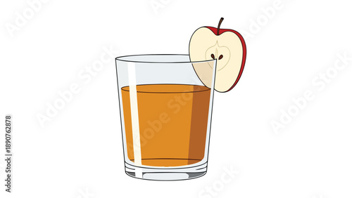 Refreshing glass of apple juice with a vibrant red apple slice garnish on a plain white background