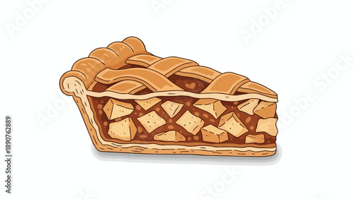 A delightful hand-drawn illustration of a classic apple pie slice, showcasing its golden lattice crust and chunky fruit filling, perfect for dessert