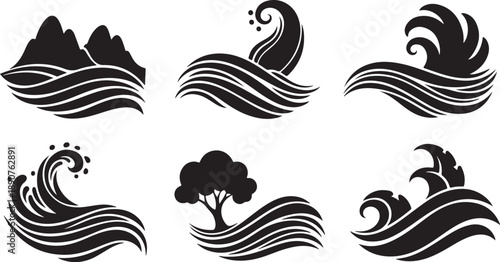 Wave and Nature Silhouette Icons Set for Design Projects