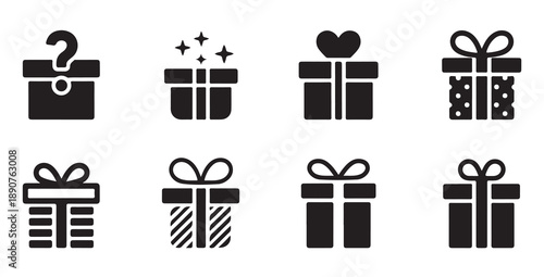 Set of gift box icons with various designs and symbols, black and white vector illustration