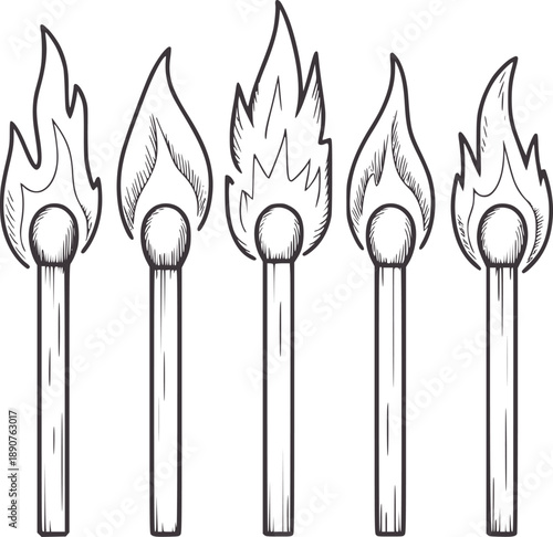 Five burning matches in style with varied flame shapes fire ignition