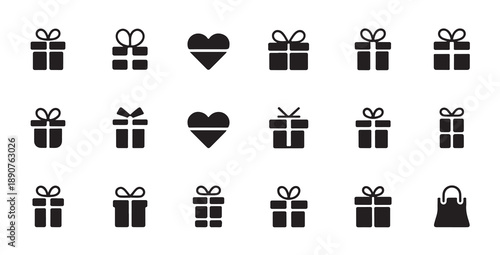 Set of various gift box and heart icons, black and white vector illustration for presents