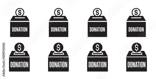 Set of donation box icons with dollar sign, black and white vector illustration