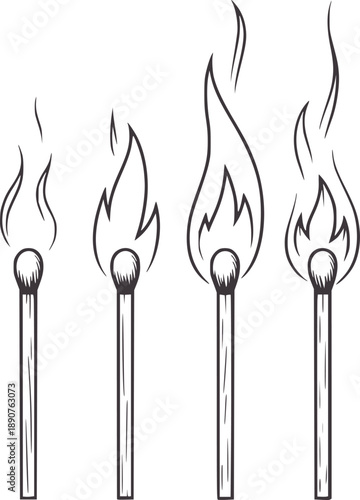 Four burning matches with flames of varying sizes and intensity fire ignition
