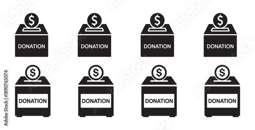 Collection of donation boxes with dollar coin symbol, charity and giving concept