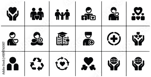 Set of diverse people icons representing community, family, health and helping hands