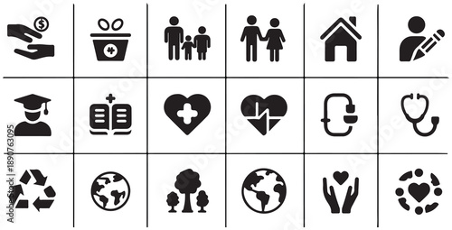 Icons representing charity, family, home, education, health and environmental protection