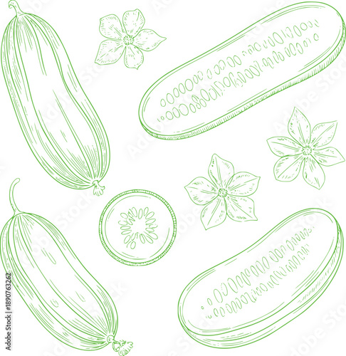 Green cucumber with flowers and slices botanical