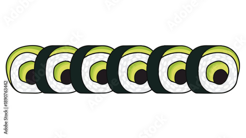 A vibrantly illustrated row of six avocado maki sushi rolls presented on a clean white background an ideal graphic for culinary themed designs or
