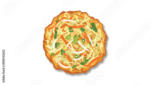 Golden-brown vegetable pancake illustration. Crisp shredded cabbage, bright orange carrots, fresh green scallions. A perfect healthy culinary visual.
