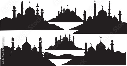 Silhouette of mosque city skyline with domes and minarets