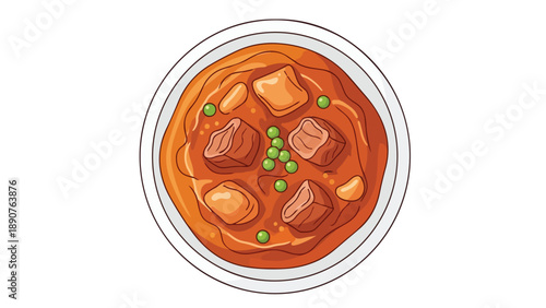 Hearty and flavorful stew illustration showcasing tender meat pieces, vibrant green peas, and potatoes in a rich, appetizing orange sauce. This