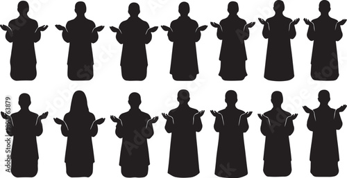 Silhouettes of people in robes with hands outstretched together