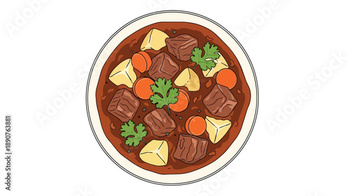 A stylized illustration of a hearty, comforting beef and vegetable stew, showcasing delicious homemade goodness.