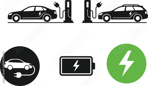 Electric Vehicle Charging Station and Battery Icons Clean Vector Illustration