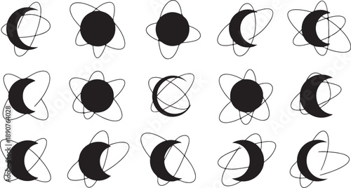 Astronomy symbols with moon phases and atomic orbits combined