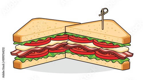 Vibrant vector art: classic club sandwich, diagonally sliced. Golden toast, crisp lettuce, ripe tomatoes, savory bacon, toothpick. Delicious,