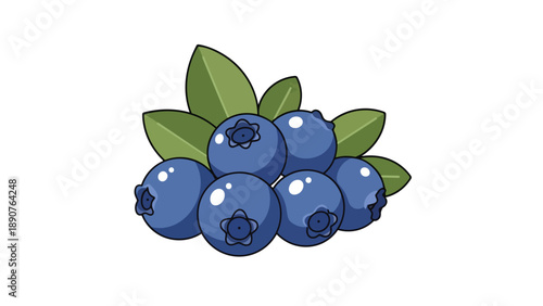 Vibrant cartoon blueberries with lush green leaves, a fresh and healthy fruit illustration perfect for various design projects and nutritional