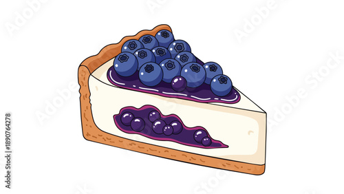 An exquisitely rendered cartoon illustration of a luscious blueberry cheesecake slice featuring plump berries and a creamy filling perfect for any