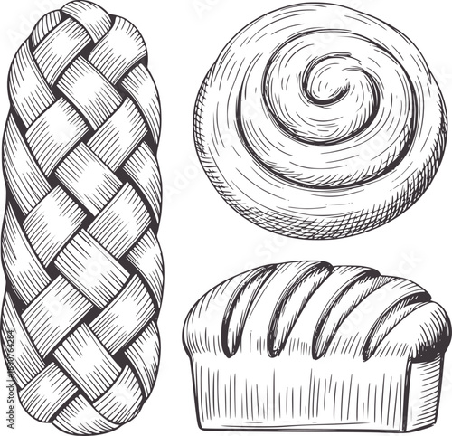 Three hand drawn baked goods including braided loaf swirled bun and sliced bread
