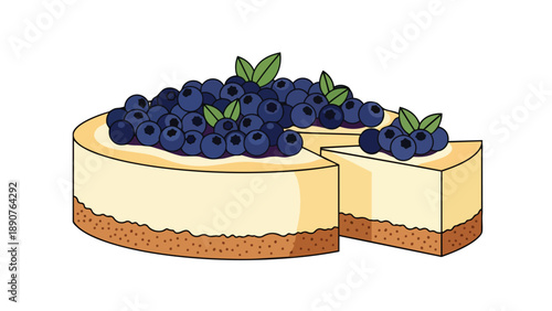 Vibrant vector graphic of a blueberry cheesecake with a slice neatly removed from the main dessert, artfully presented on a crisp white background,