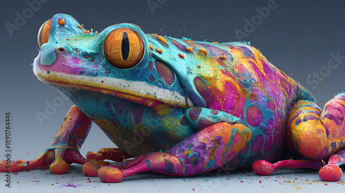 un sapo o rana llamativa en colores vibrantes y fuertes hermosos colores diseño exotico de estilo surrealista y artistico 