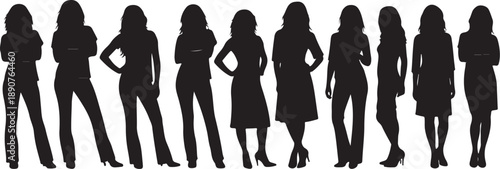 Silhouettes of women in various poses and outfits standing