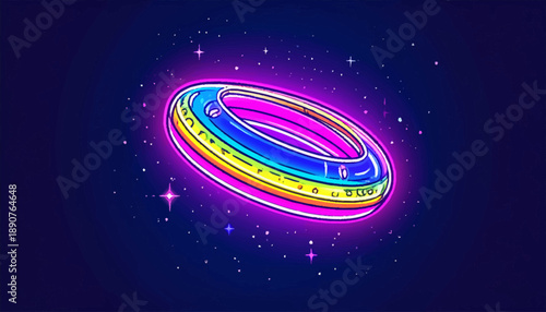 Vibrant neon glowing futuristic ring floating in cosmic space, an abstract luminous cyber orb with brilliant light, evoking advanced technology and enigmatic portals