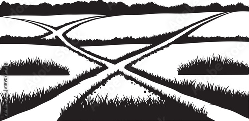 Black and white illustration of roads crossing in fields