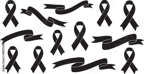 Black awareness ribbons on white background symbolism and support