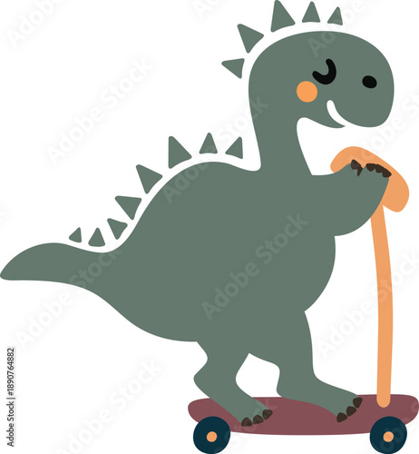 Cute cartoon dinosaur riding a kick scooter vector illustration for kids