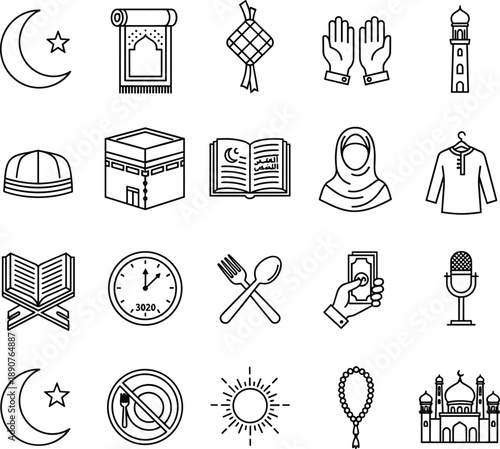 Islamic Religious Icon Set Featuring Thin Line Art of the Kaaba Mosque Architecture Muslim Men and Women Hijab Quran Holy Book and Ramadan Fasting Symbols for Eid Celebration