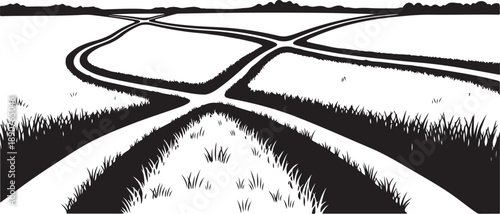 Black and white illustration of multiple roads intersection landscape