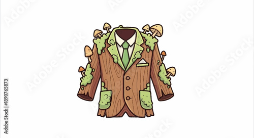 A whimsical illustration of a brown suit jacket adorned with moss and mushrooms, symbolizing nature's embrace on formal attire