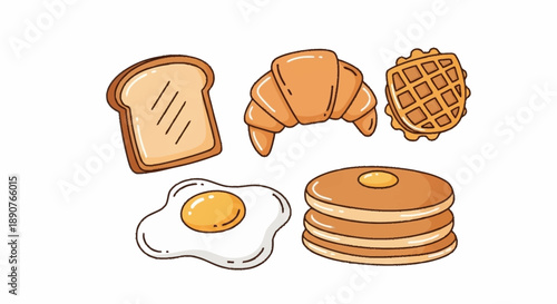A delightful collection of classic breakfast foods, hand-drawn in a charming cartoon style, perfect for morning meal concepts and culinary designs