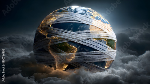 Globe wrapped in white bandages tightly.